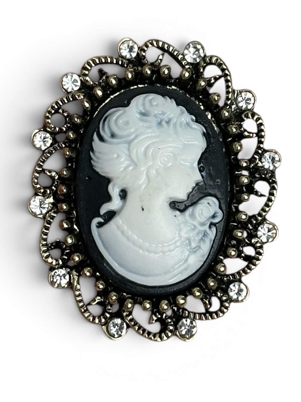 Vintage-Inspired Black and White Cameo Brooch with Rhinestones